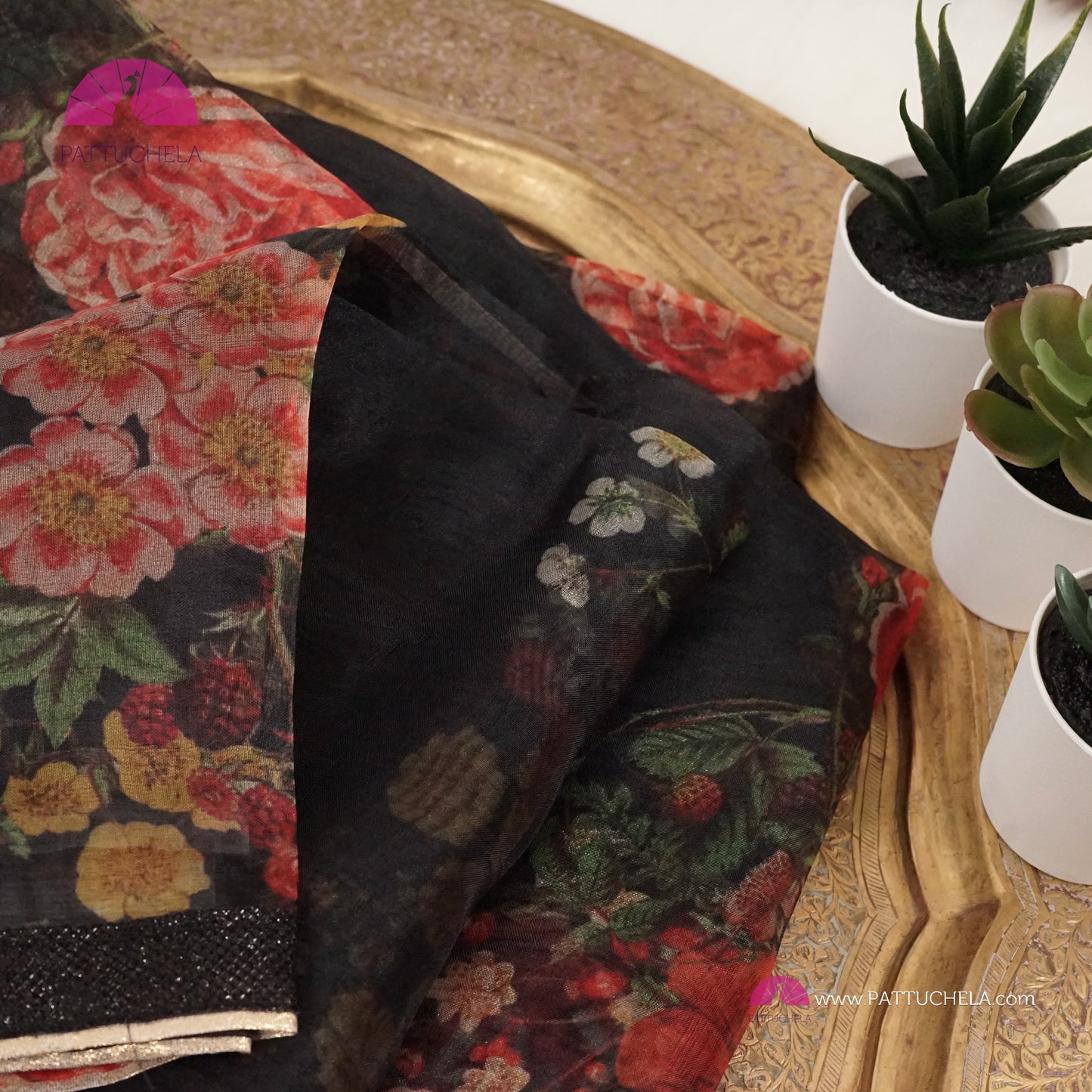 Black Organza Digital Print Katrina Kaif's Floral Saree with Sequence Laced Border