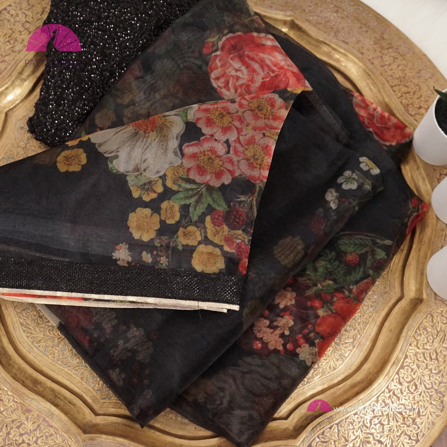 Black Organza Digital Print Katrina Kaif's Floral Saree with Sequence Laced Border