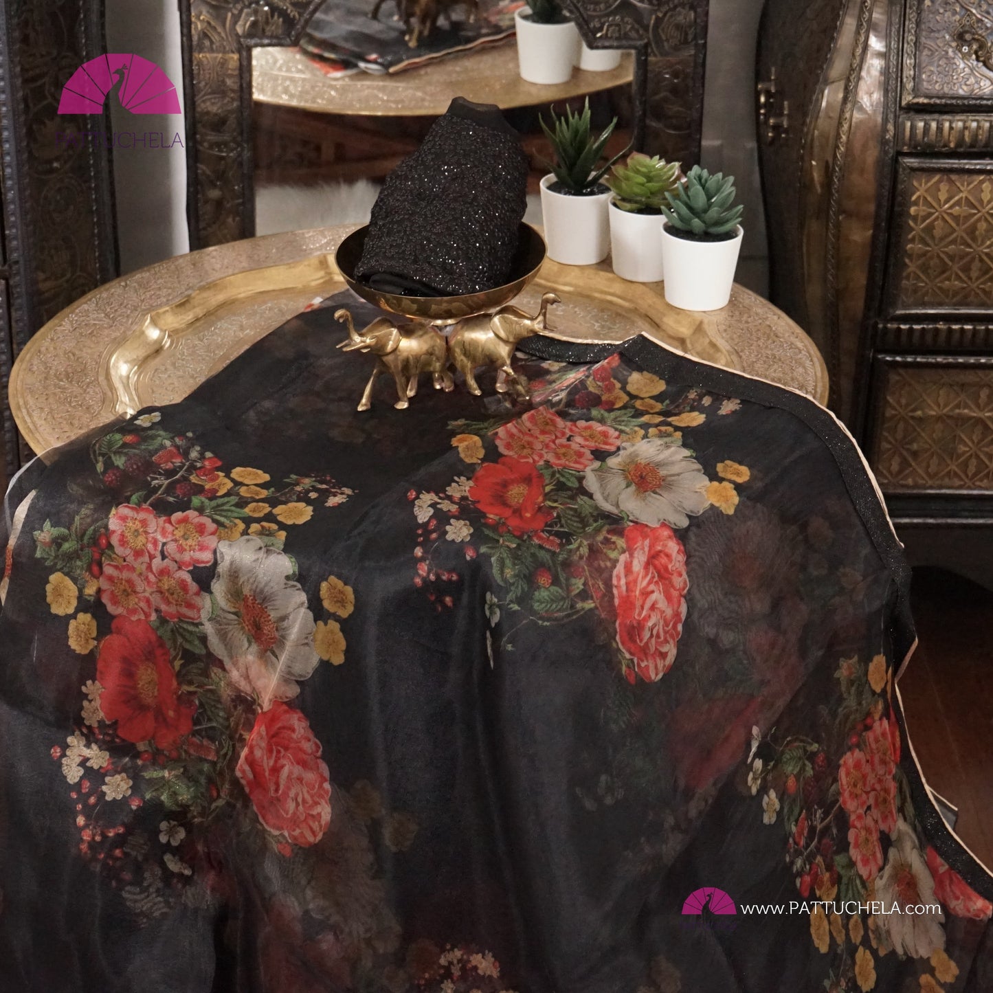 Black Organza Digital Print Katrina Kaif's Floral Saree with Sequence Laced Border