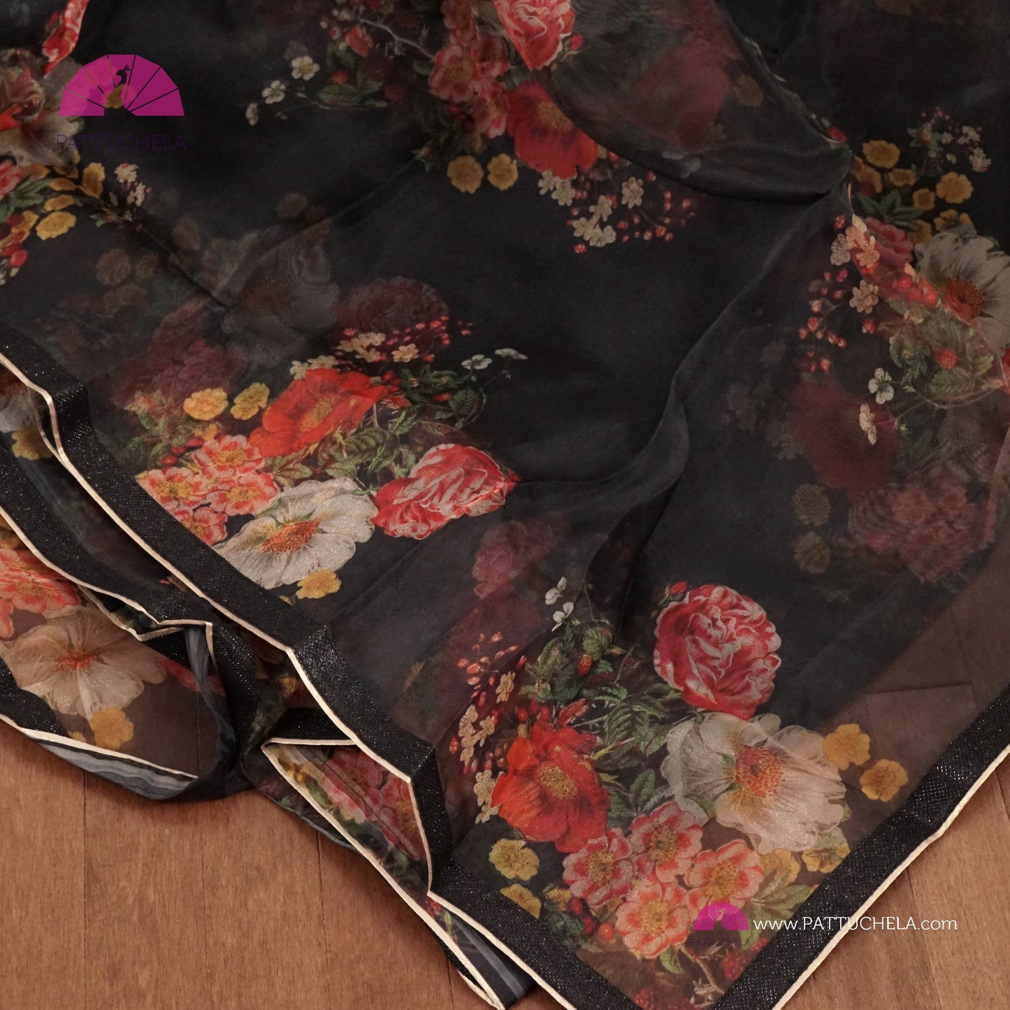 Black Organza Digital Print Katrina Kaif's Floral Saree with Sequence Laced Border