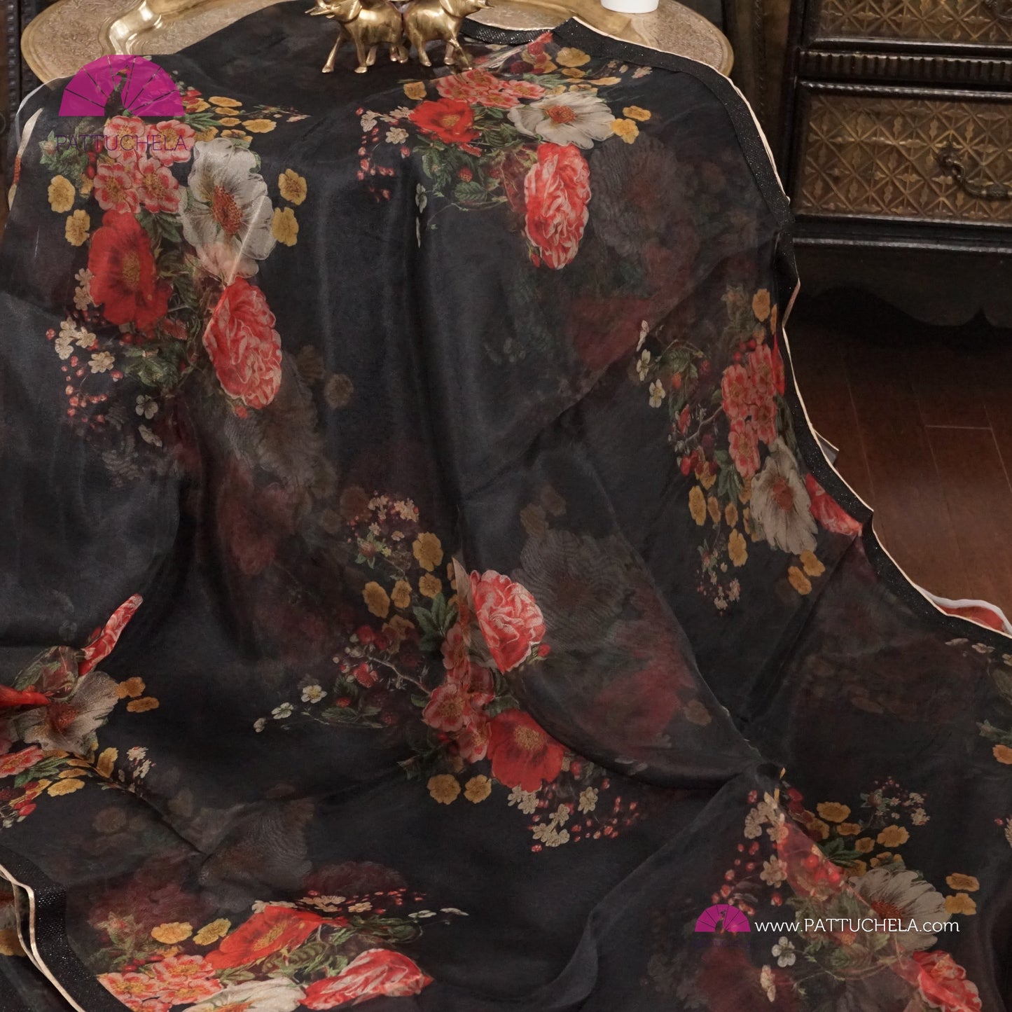 Black Organza Digital Print Katrina Kaif's Floral Saree with Sequence Laced Border