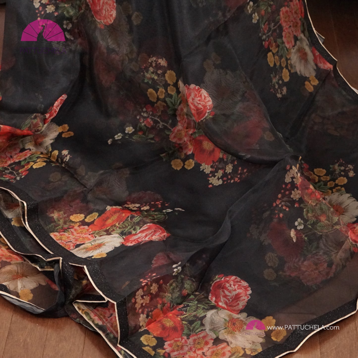 Black Organza Digital Print Katrina Kaif's Floral Saree with Sequence Laced Border