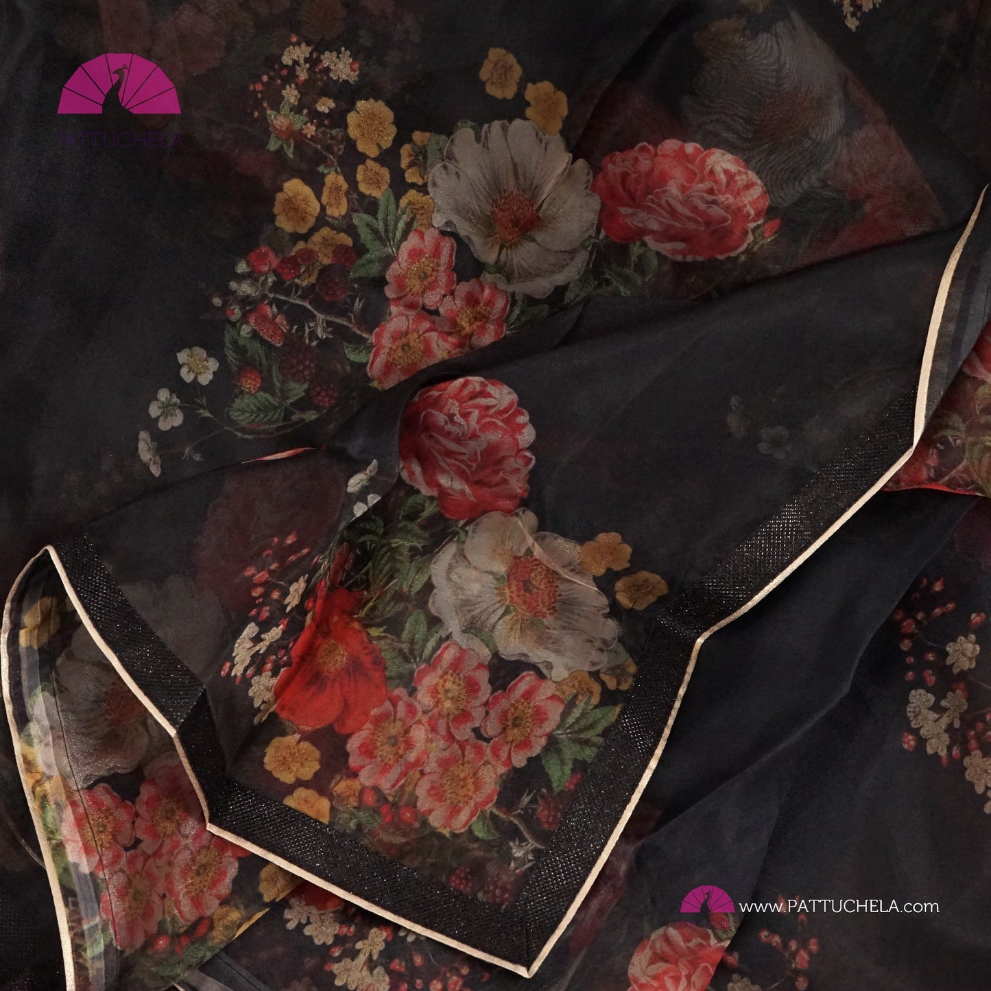 Black Organza Digital Print Katrina Kaif's Floral Saree with Sequence Laced Border