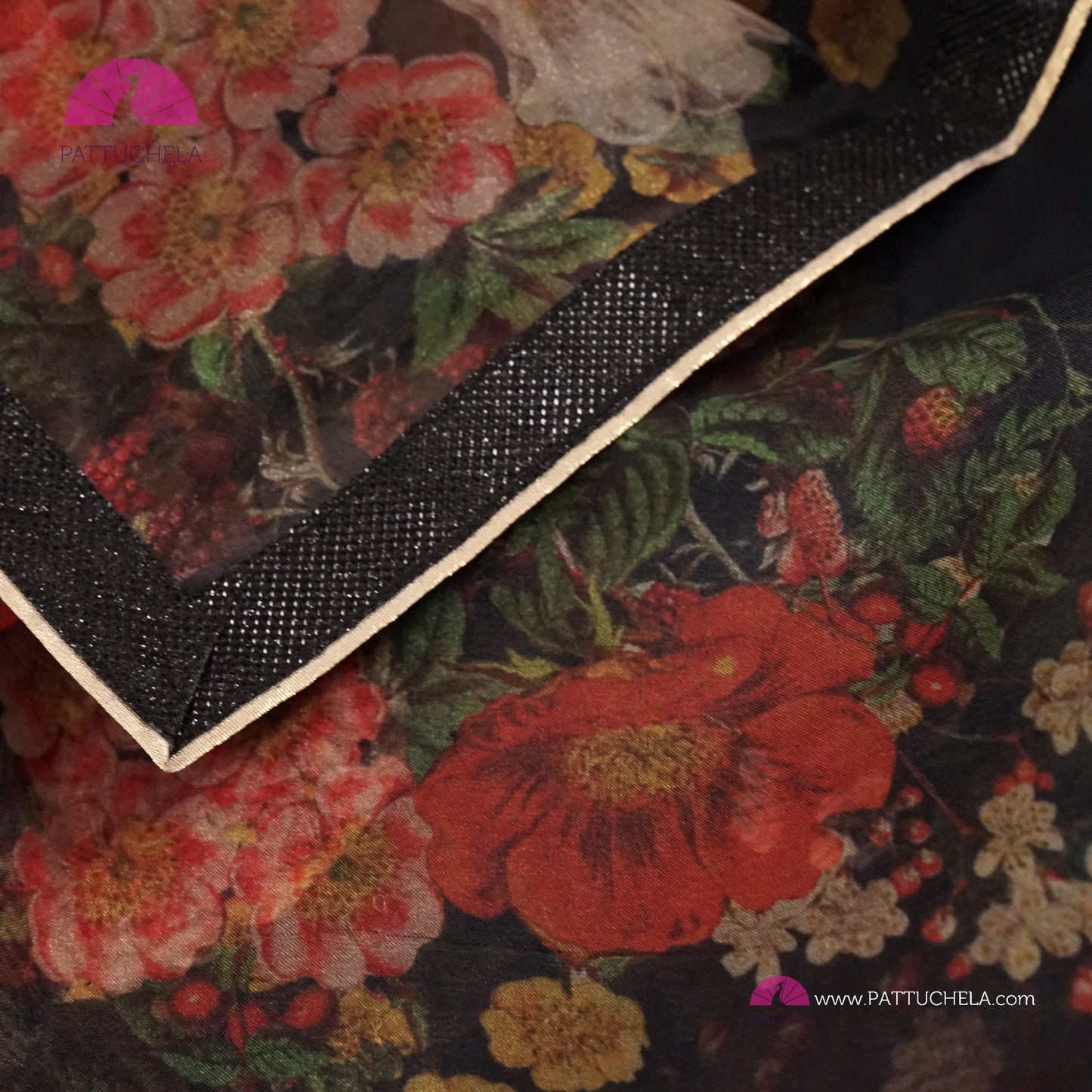 Black Organza Digital Print Katrina Kaif's Floral Saree with Sequence Laced Border