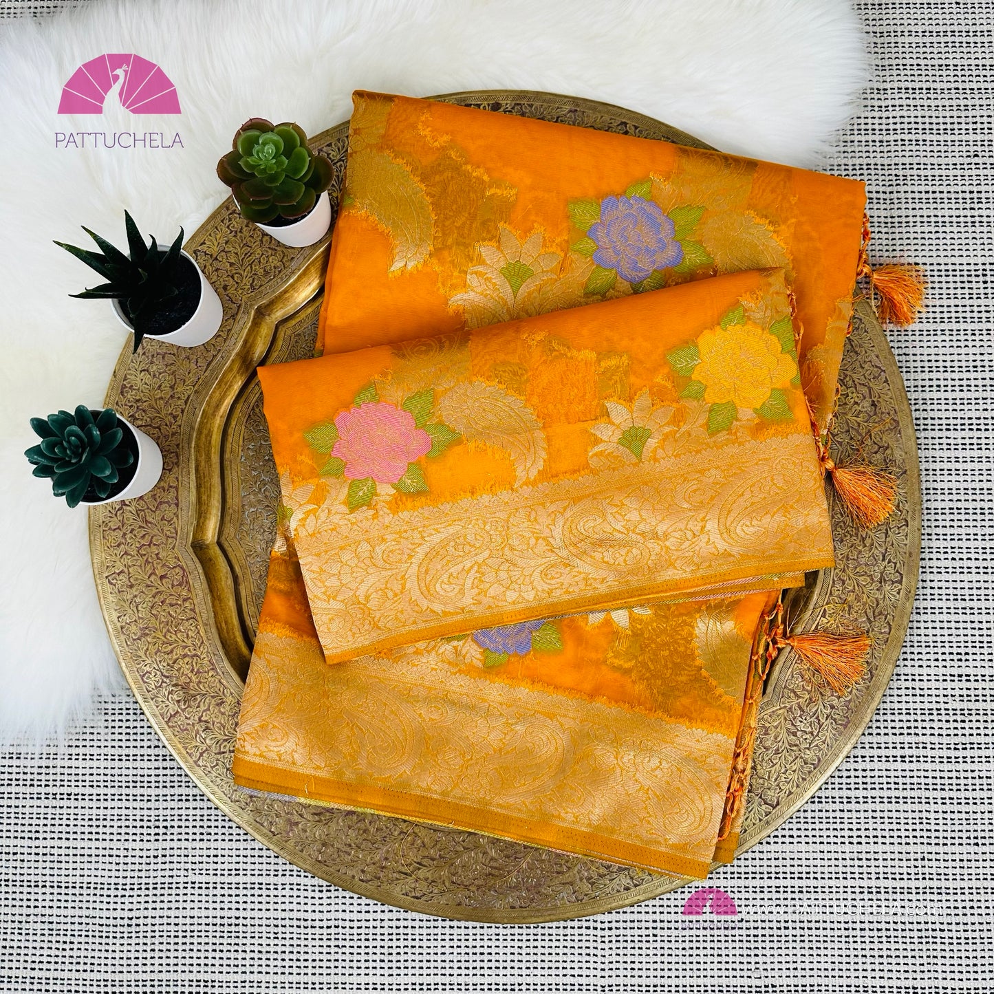 Amber Yellow Banarasi Organza Floral Tilfi Saree with STITCHED BLOUSE