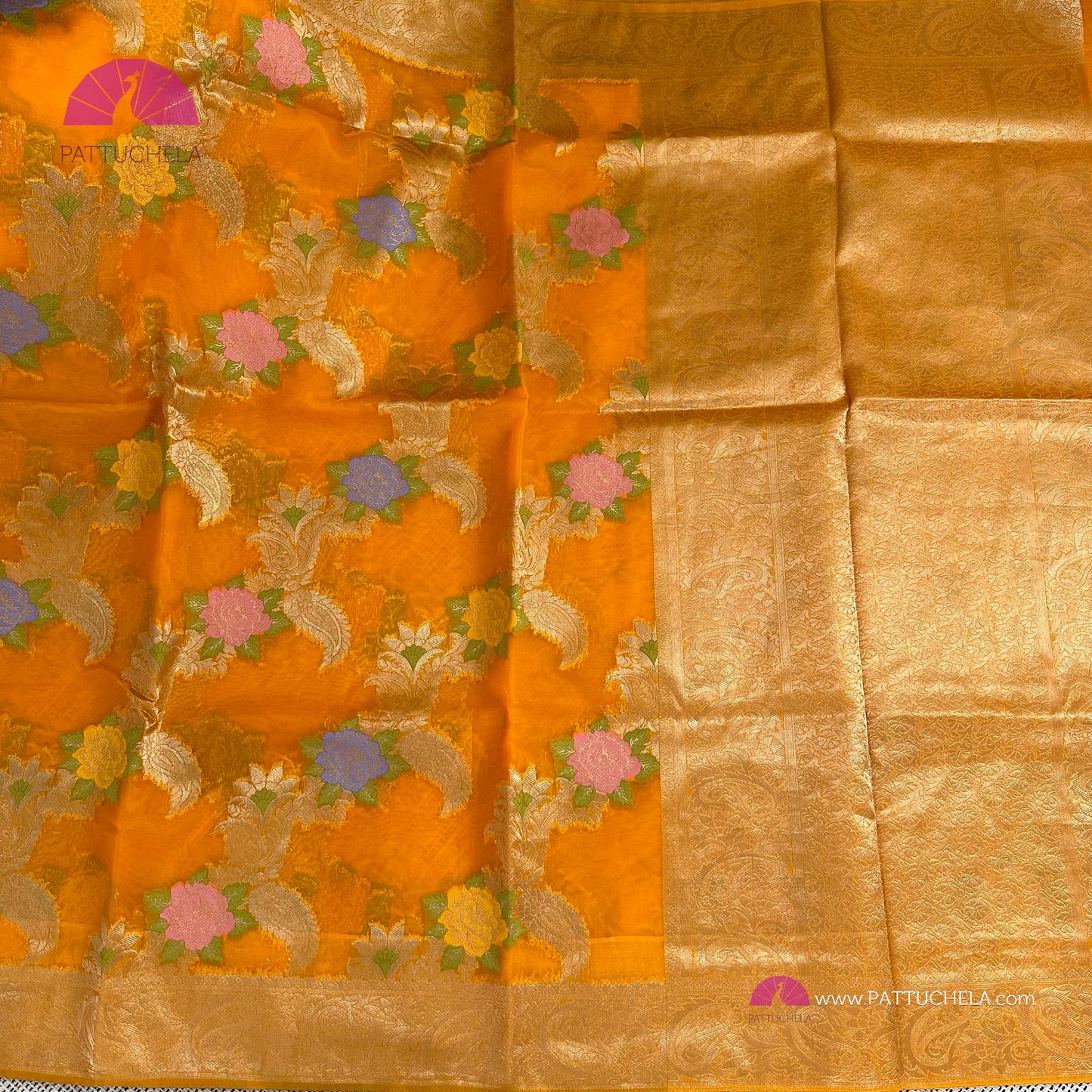 Amber Yellow Banarasi Organza Floral Tilfi Saree with STITCHED BLOUSE