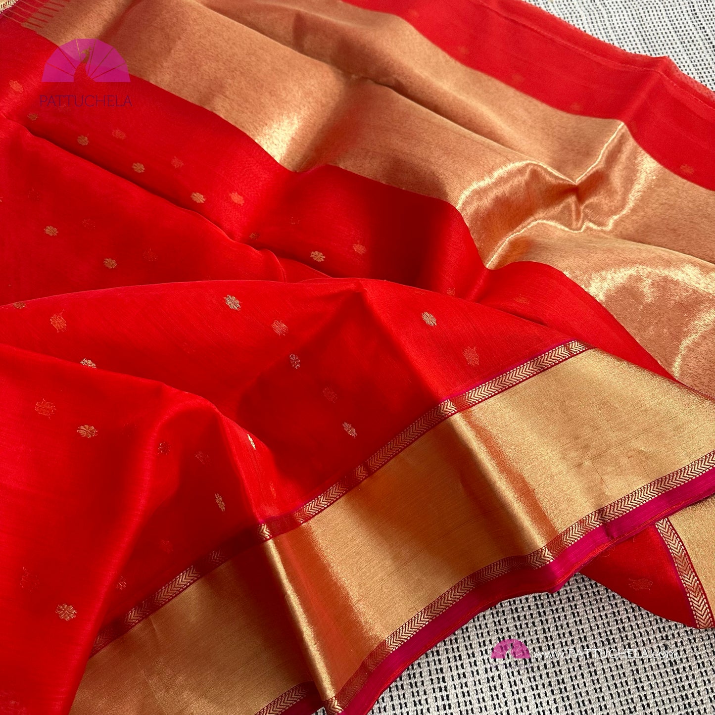 Crimson Red Pure Chanderi Katan Handloom Silk Saree with Bavanchi Border