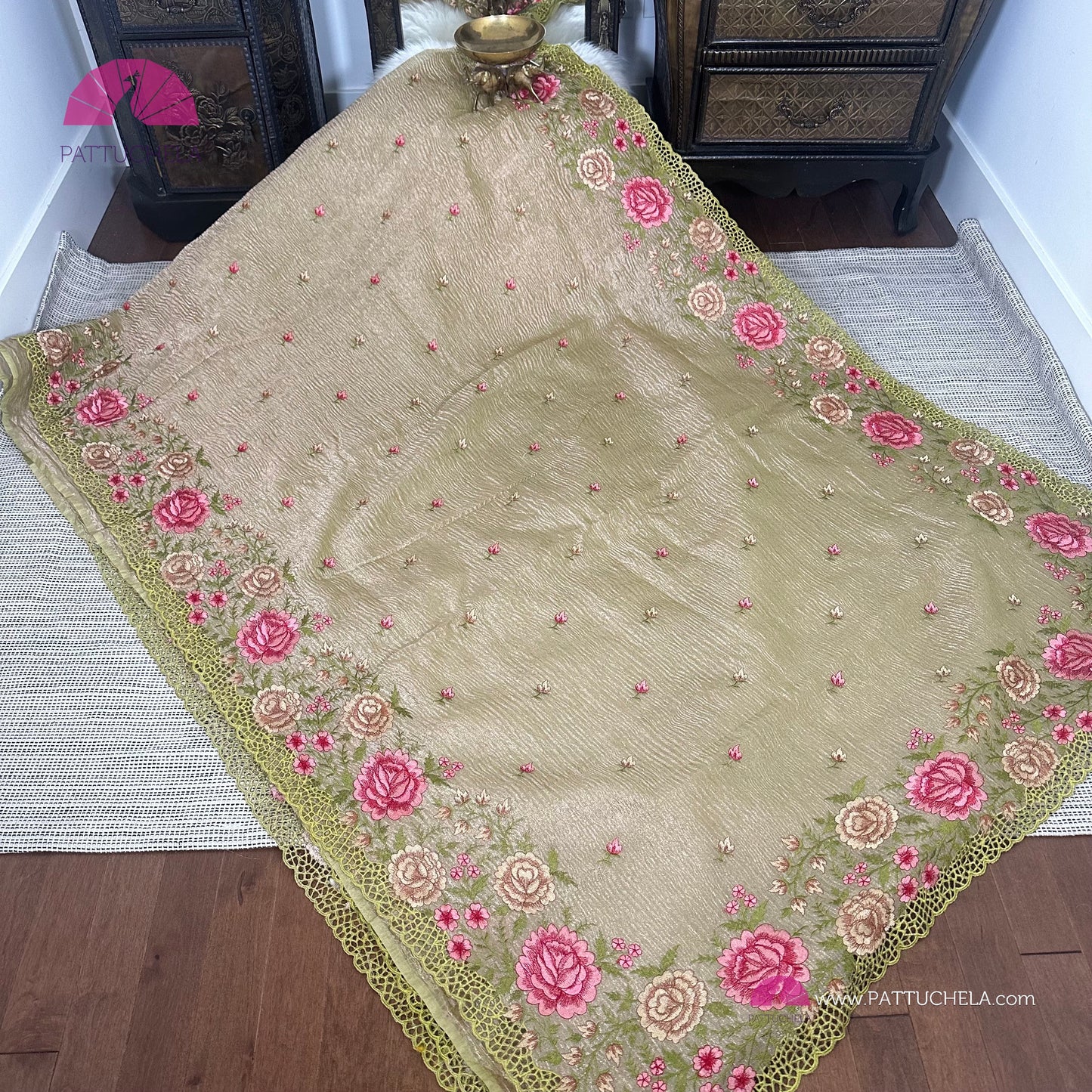 Pastel Green Crush Tissue Saree with embroidery and Cutwork borders