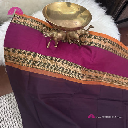 Purple Kanchipuram Cotton Saree with Mustard Stitched blouse | Kanchi Cotton