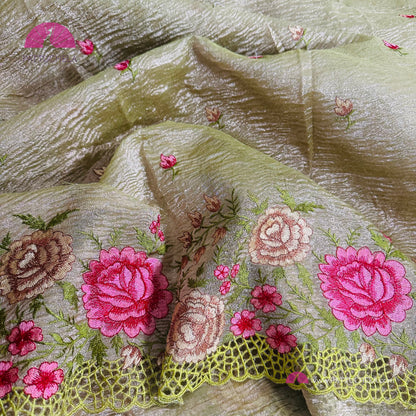 Pastel Green Crush Tissue Saree with embroidery and Cutwork borders