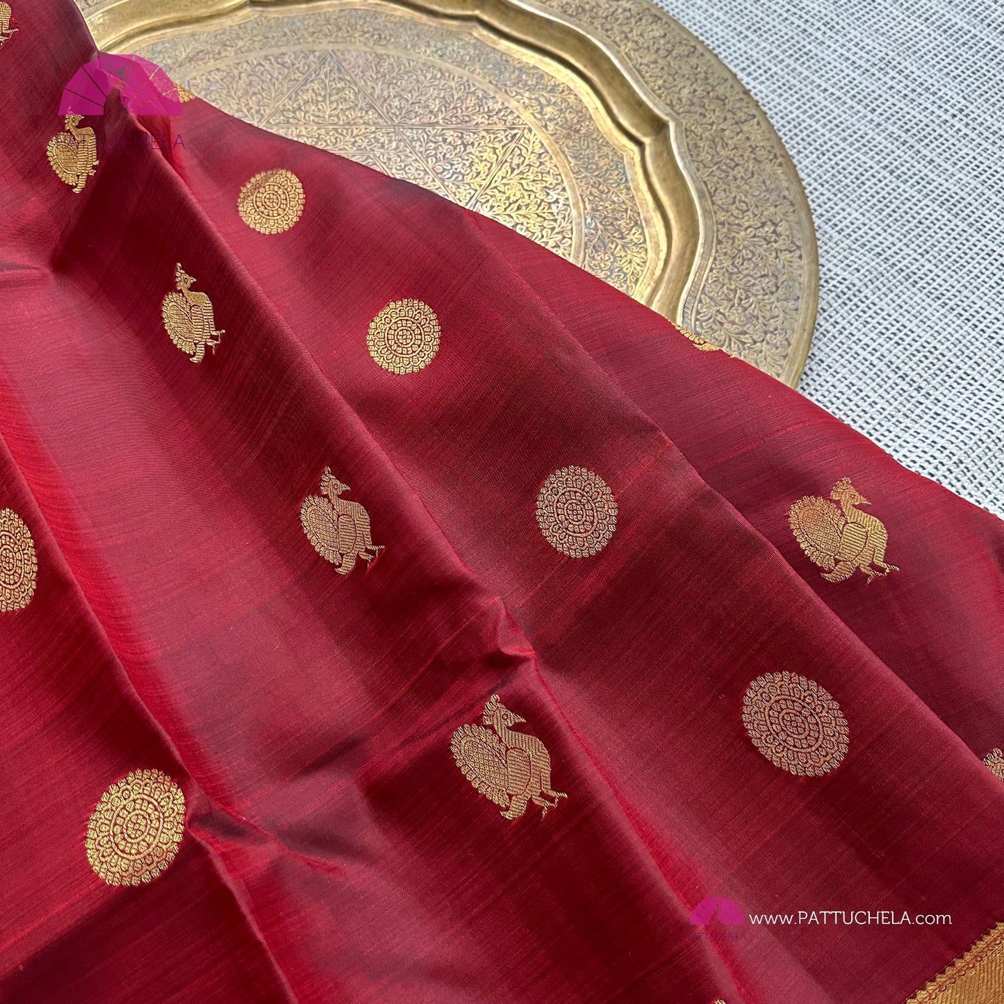 Maroon Red Kanchipuram Handloom SilK MARK CERTIFIED Saree with gold zari borders