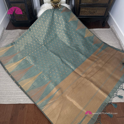 Pastel Green Semi Tussar saree with designer temple borders