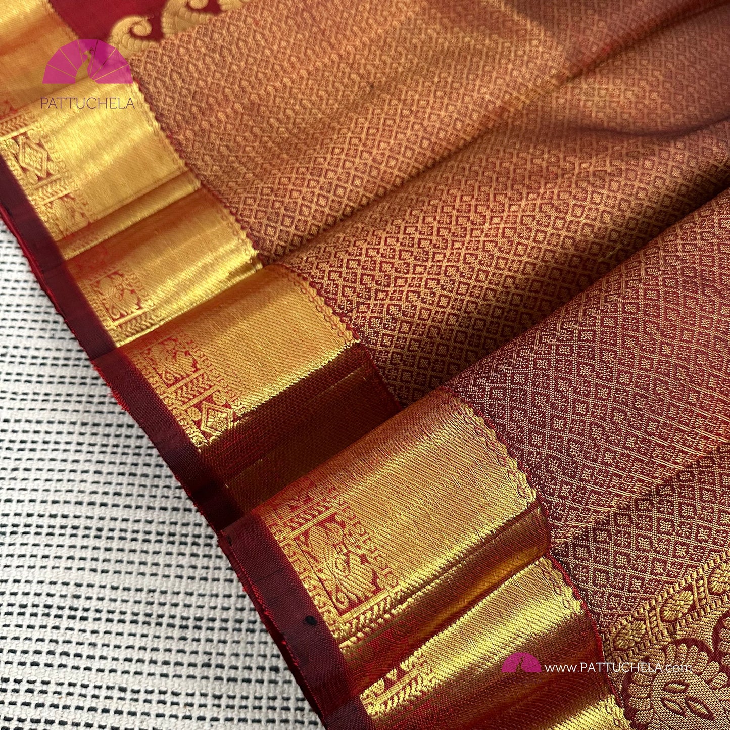 Maroon Red Kanchipuram Handloom SilK MARK CERTIFIED Saree with gold zari borders