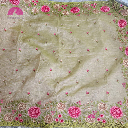 Pastel Green Crush Tissue Saree with embroidery and Cutwork borders