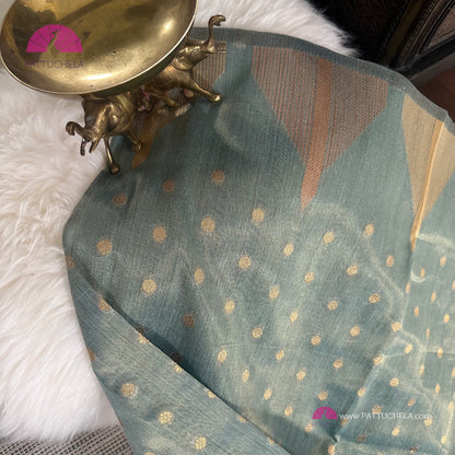 Pastel Green Semi Tussar saree with designer temple borders