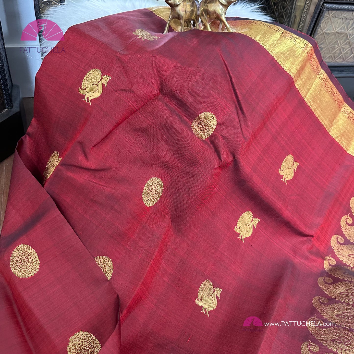 Maroon Red Kanchipuram Handloom SilK MARK CERTIFIED Saree with gold zari borders