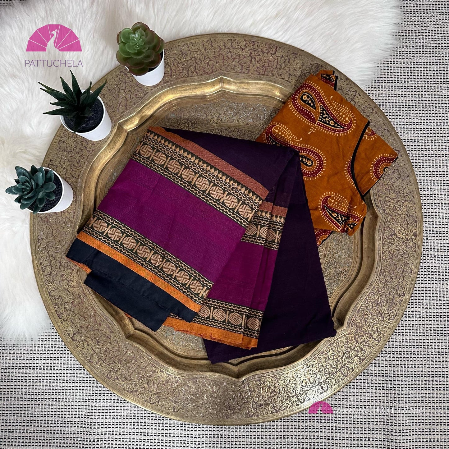 Purple Kanchipuram Cotton Saree with Mustard Stitched blouse | Kanchi Cotton