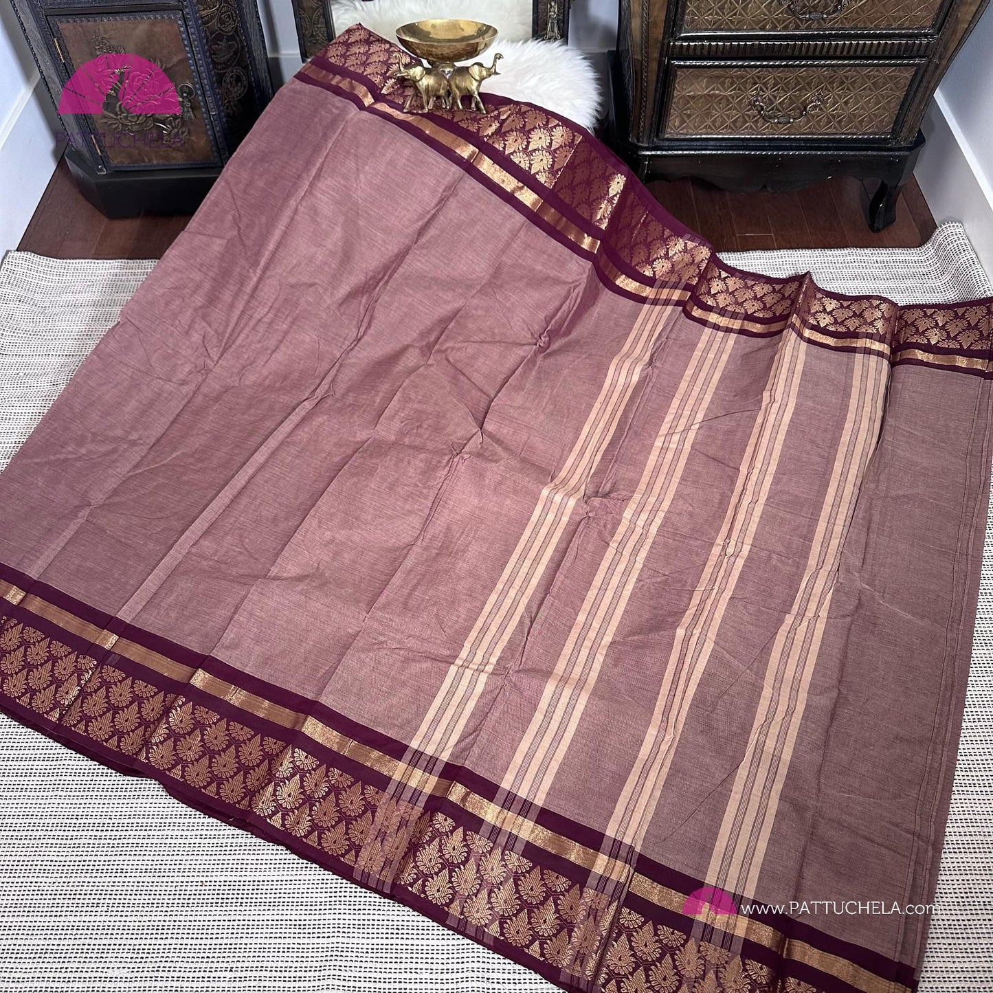 Pure Kanchipuram Cotton Saree with Maroon Ajrakh Stitched blouse | Kanchi Cotton