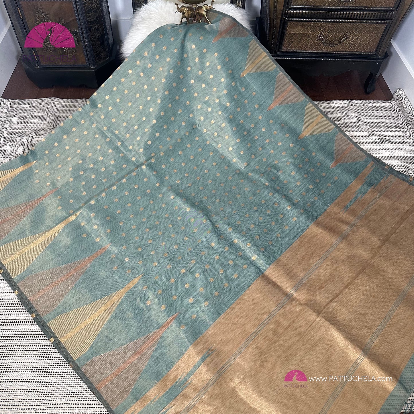 Pastel Green Semi Tussar saree with designer temple borders