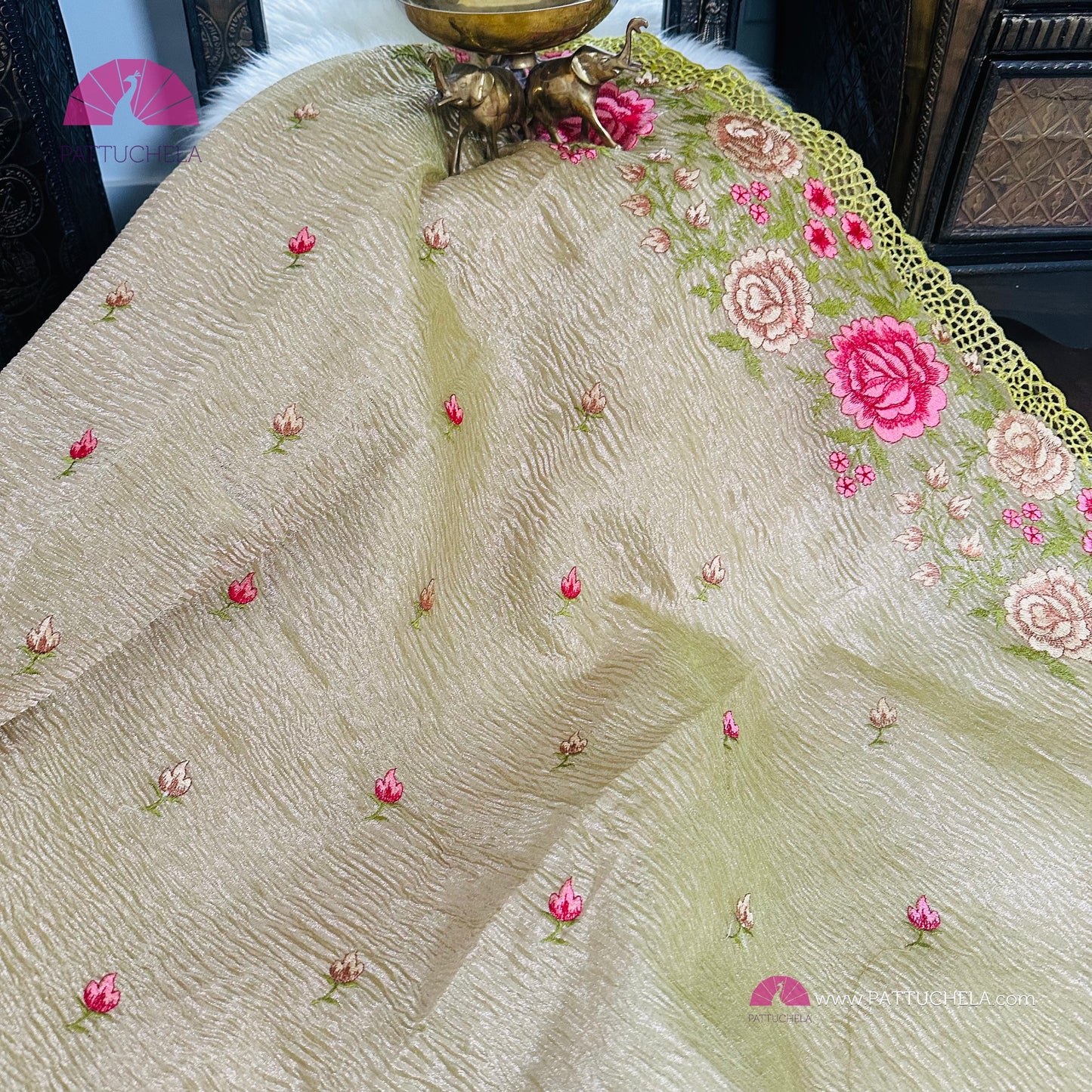 Pastel Green Crush Tissue Saree with embroidery and Cutwork borders