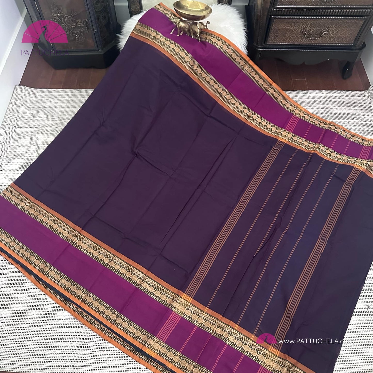 Purple Kanchipuram Cotton Saree with Mustard Stitched blouse | Kanchi Cotton