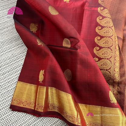 Maroon Red Kanchipuram Handloom SilK MARK CERTIFIED Saree with gold zari borders