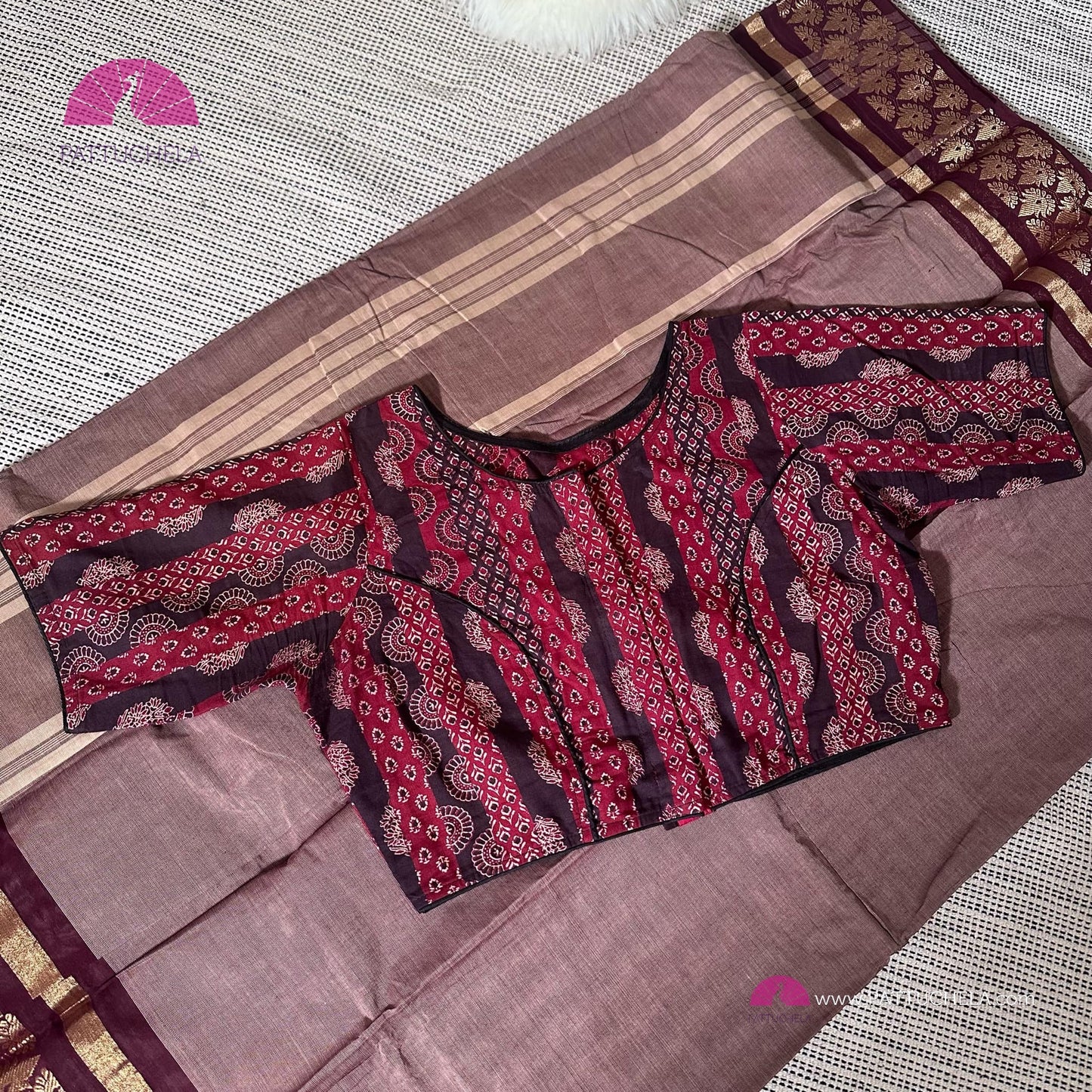 Pure Kanchipuram Cotton Saree with Maroon Ajrakh Stitched blouse | Kanchi Cotton