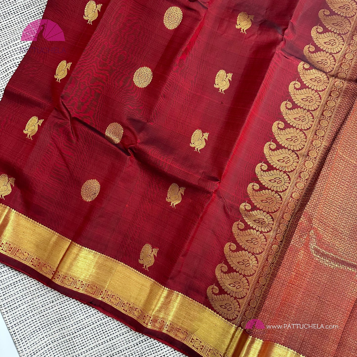 Maroon Red Kanchipuram Handloom SilK MARK CERTIFIED Saree with gold zari borders