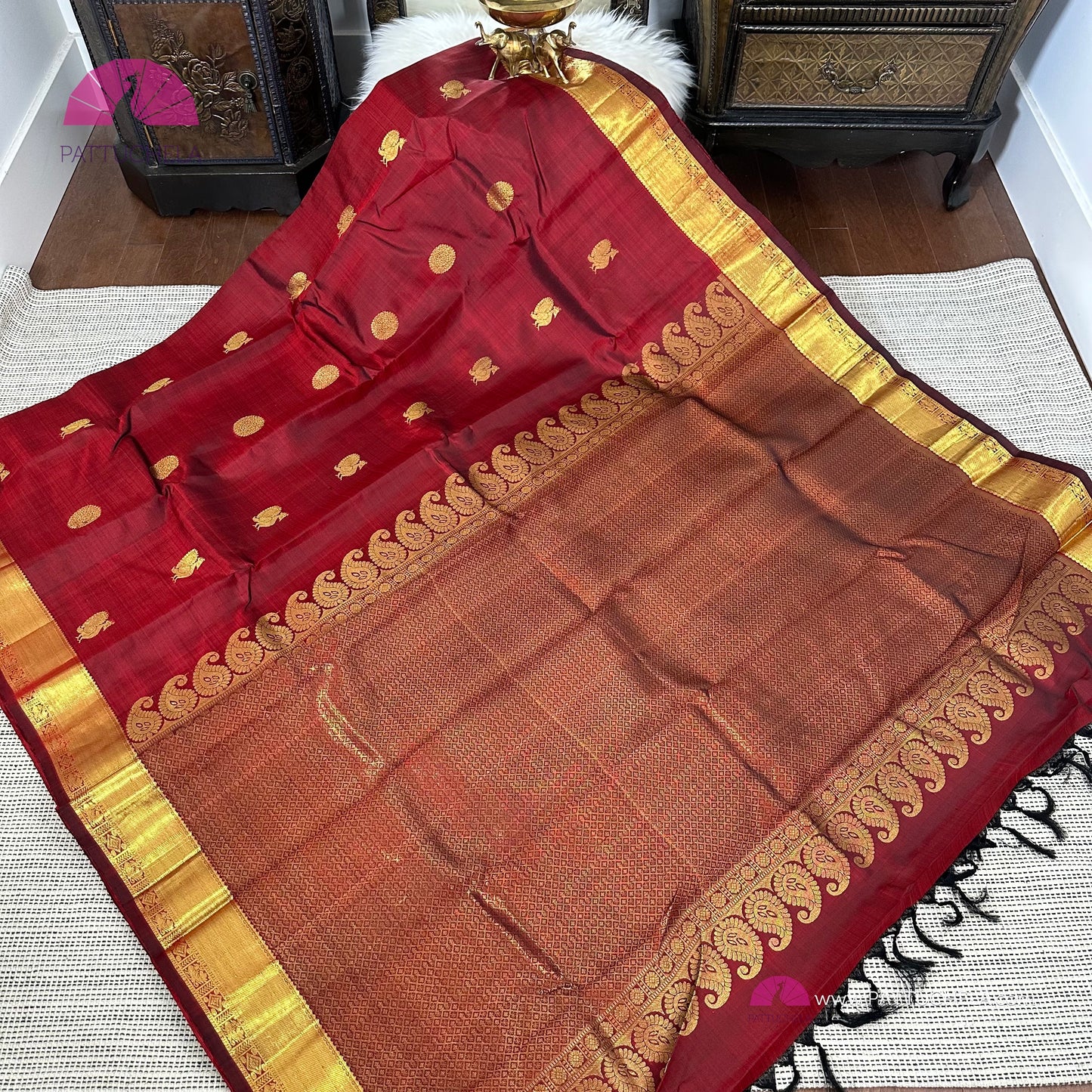 Maroon Red Kanchipuram Handloom SilK MARK CERTIFIED Saree with gold zari borders