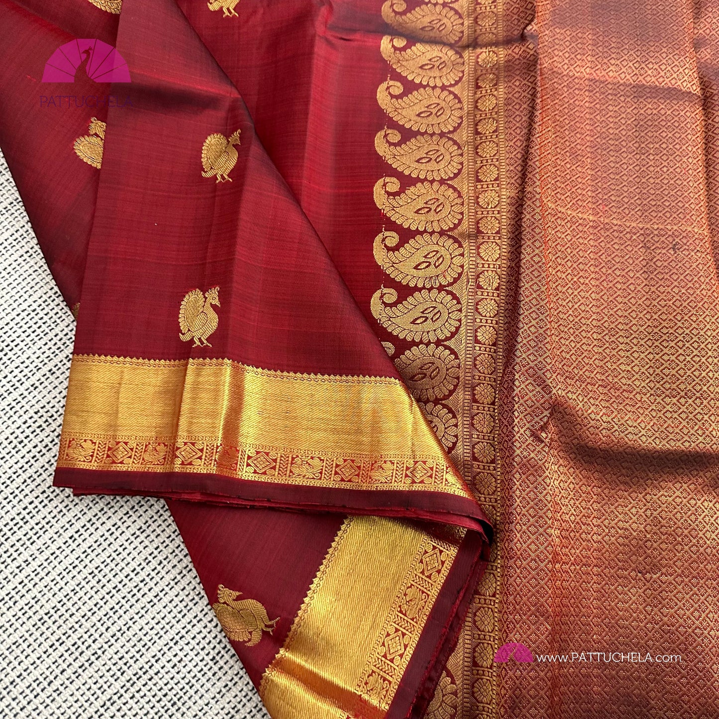 Maroon Red Kanchipuram Handloom SilK MARK CERTIFIED Saree with gold zari borders