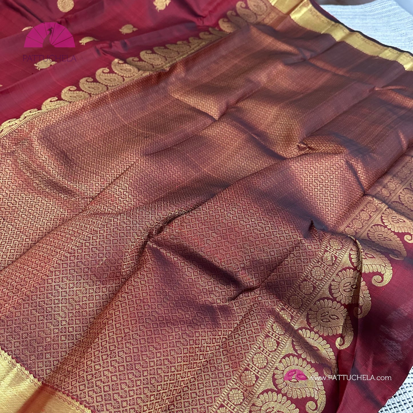 Maroon Red Kanchipuram Handloom SilK MARK CERTIFIED Saree with gold zari borders