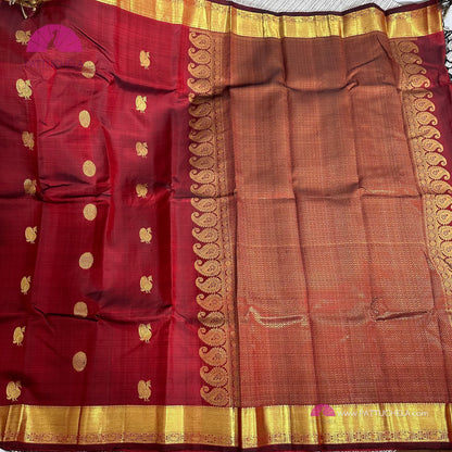 Maroon Red Kanchipuram Handloom SilK MARK CERTIFIED Saree with gold zari borders