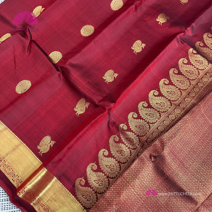 Maroon Red Kanchipuram Handloom SilK MARK CERTIFIED Saree with gold zari borders