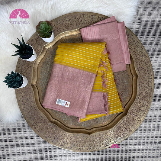 Yellow Kanchipuram Handloom SILK MARK Saree with pink copper Zari Border | Kanjivaram Silks