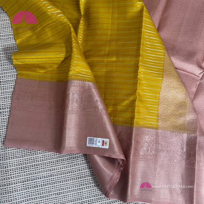 Yellow Kanchipuram Handloom SILK MARK Saree with pink copper Zari Border | Kanjivaram Silks