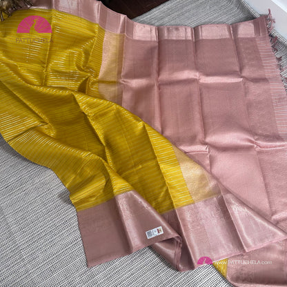 Yellow Kanchipuram Handloom SILK MARK Saree with pink copper Zari Border | Kanjivaram Silks