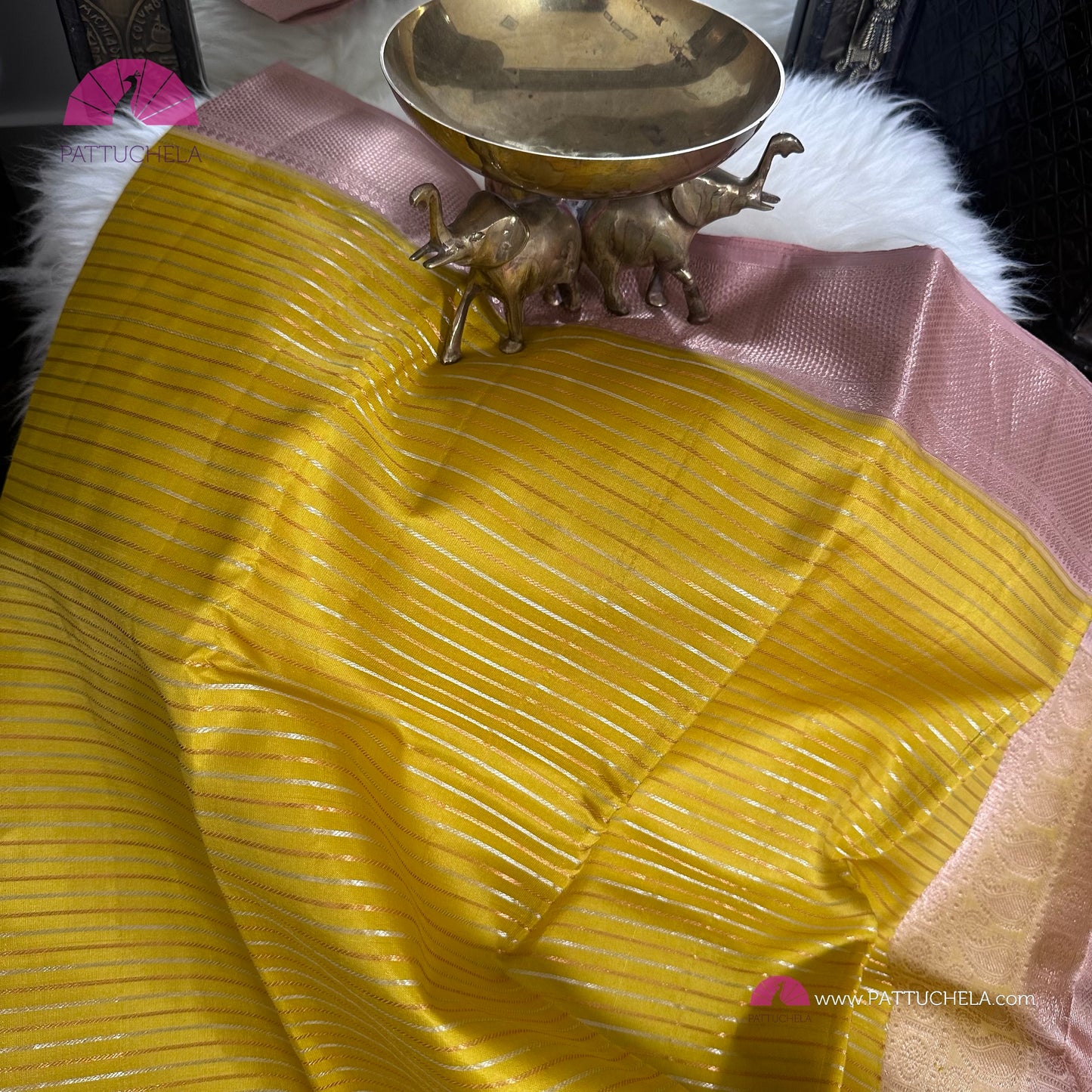 Yellow Kanchipuram Handloom SILK MARK Saree with pink copper Zari Border | Kanjivaram Silks