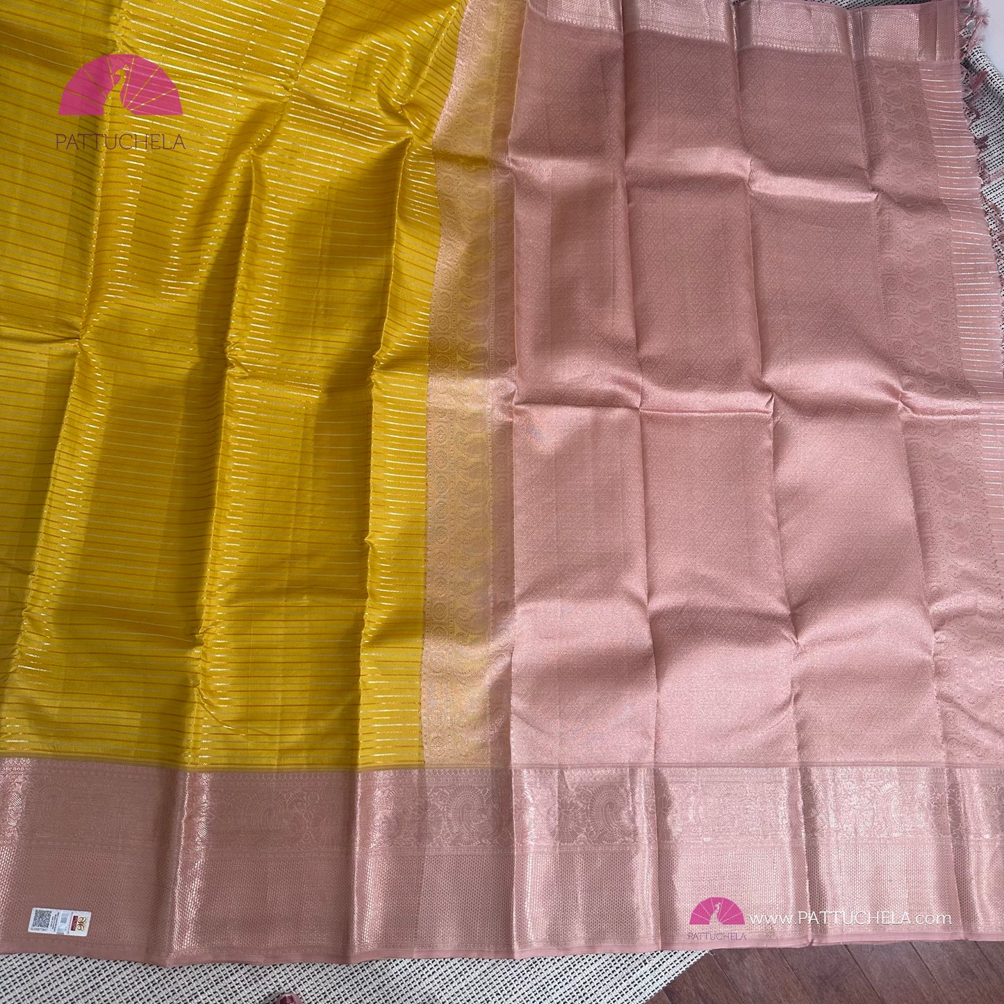 Yellow Kanchipuram Handloom SILK MARK Saree with pink copper Zari Border | Kanjivaram Silks