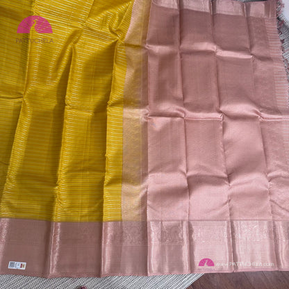 Yellow Kanchipuram Handloom SILK MARK Saree with pink copper Zari Border | Kanjivaram Silks