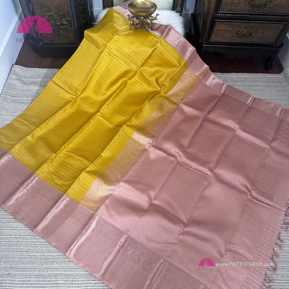 Yellow Kanchipuram Handloom SILK MARK Saree with pink copper Zari Border | Kanjivaram Silks