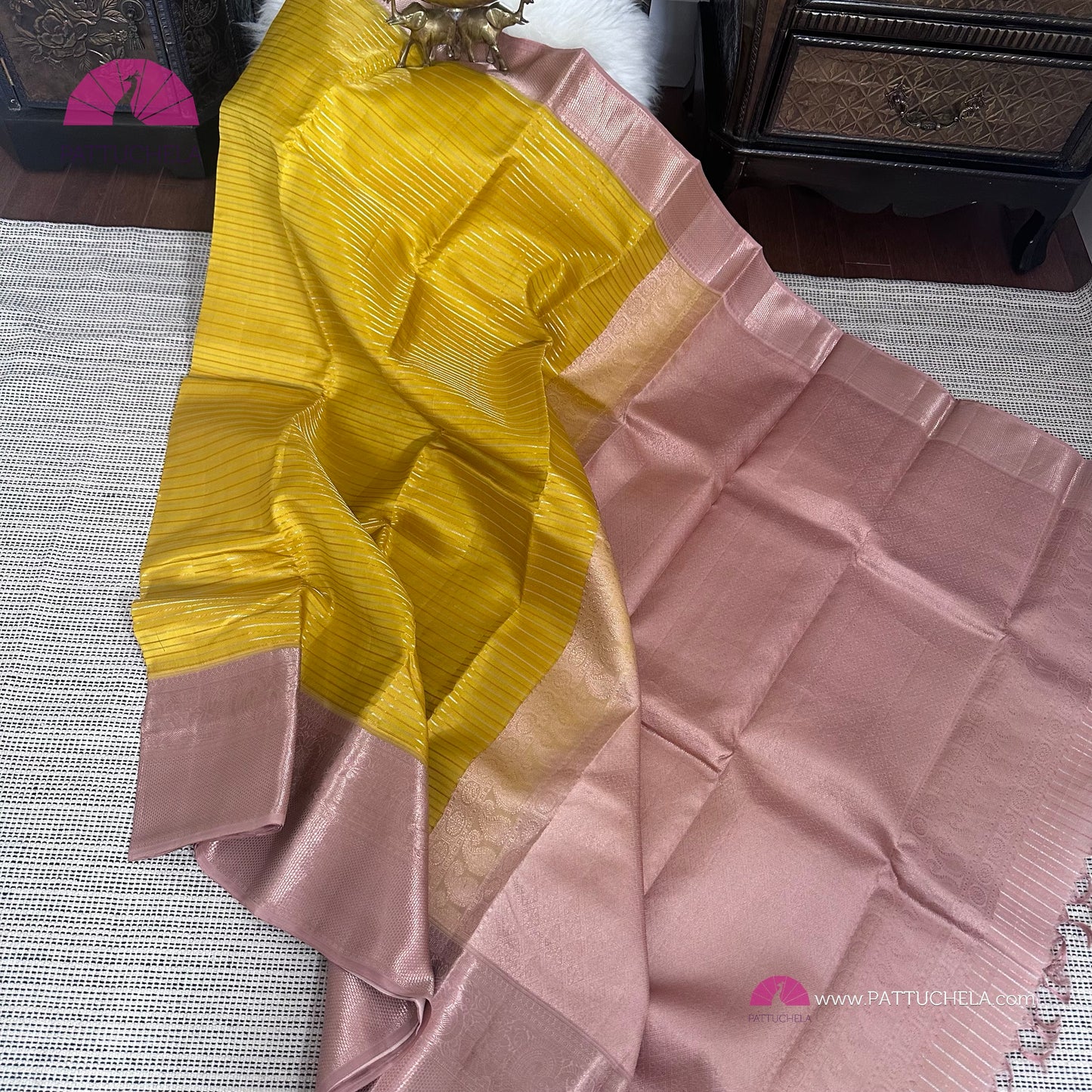 Yellow Kanchipuram Handloom SILK MARK Saree with pink copper Zari Border | Kanjivaram Silks