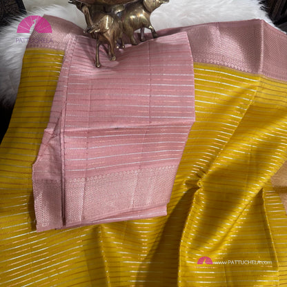 Yellow Kanchipuram Handloom SILK MARK Saree with pink copper Zari Border | Kanjivaram Silks