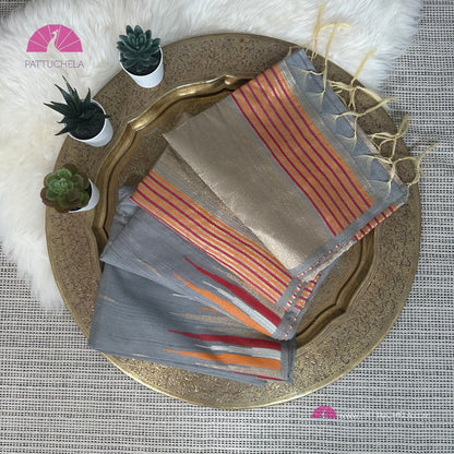 Semi Tussar Silk Saree in grey with designer temple borders