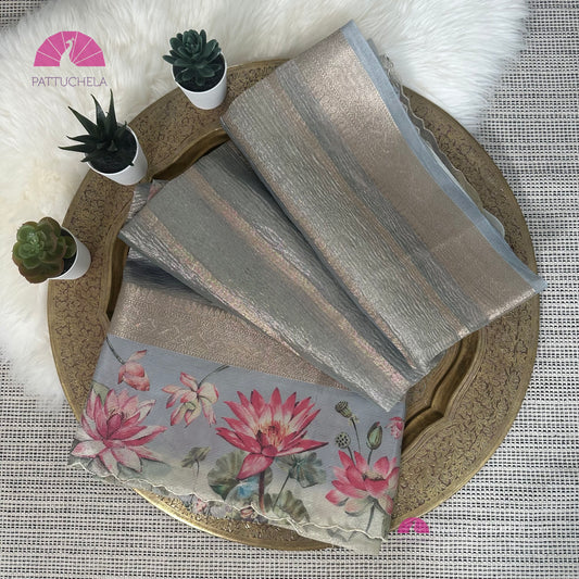 Grey Crush Tissue Saree with Floral borders