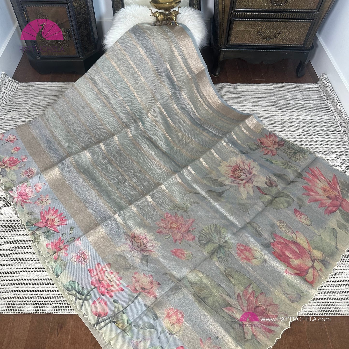 Grey Crush Tissue Saree with Floral borders