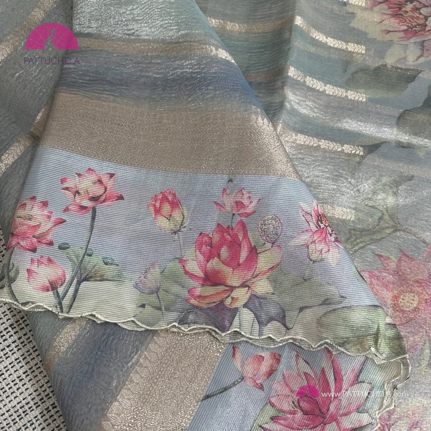 Grey Crush Tissue Saree with Floral borders