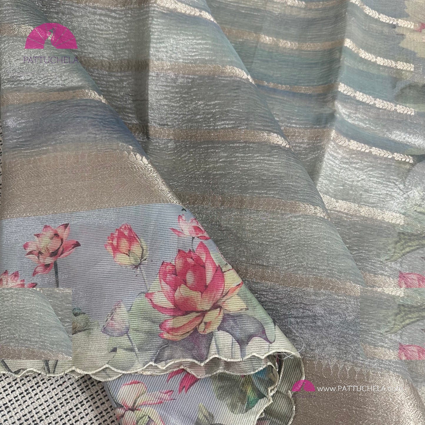 Grey Crush Tissue Saree with Floral borders