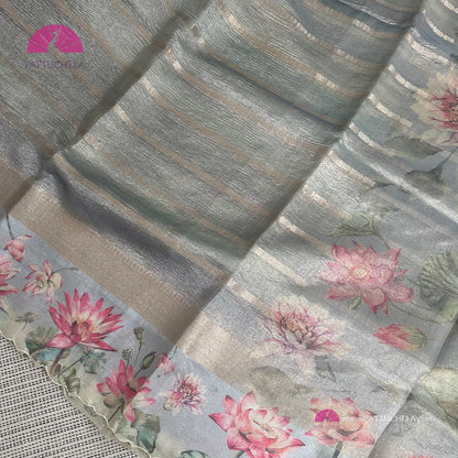 Grey Crush Tissue Saree with Floral borders