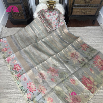 Grey Crush Tissue Saree with Floral borders