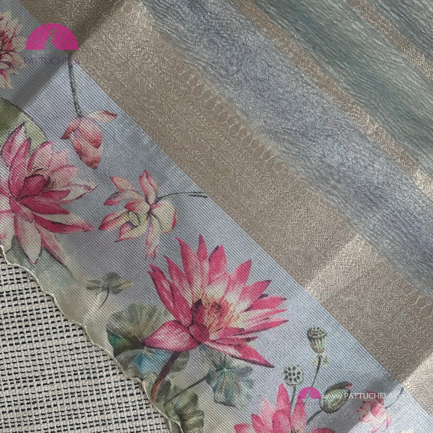 Grey Crush Tissue Saree with Floral borders